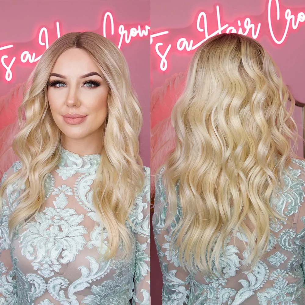 Synthetic Lace Front Wig Heat Resistant Blonde Wavy Human Hair Mixed 10% Dark Roots Ombre Lace Front Wig 13x4 Transparent Lace