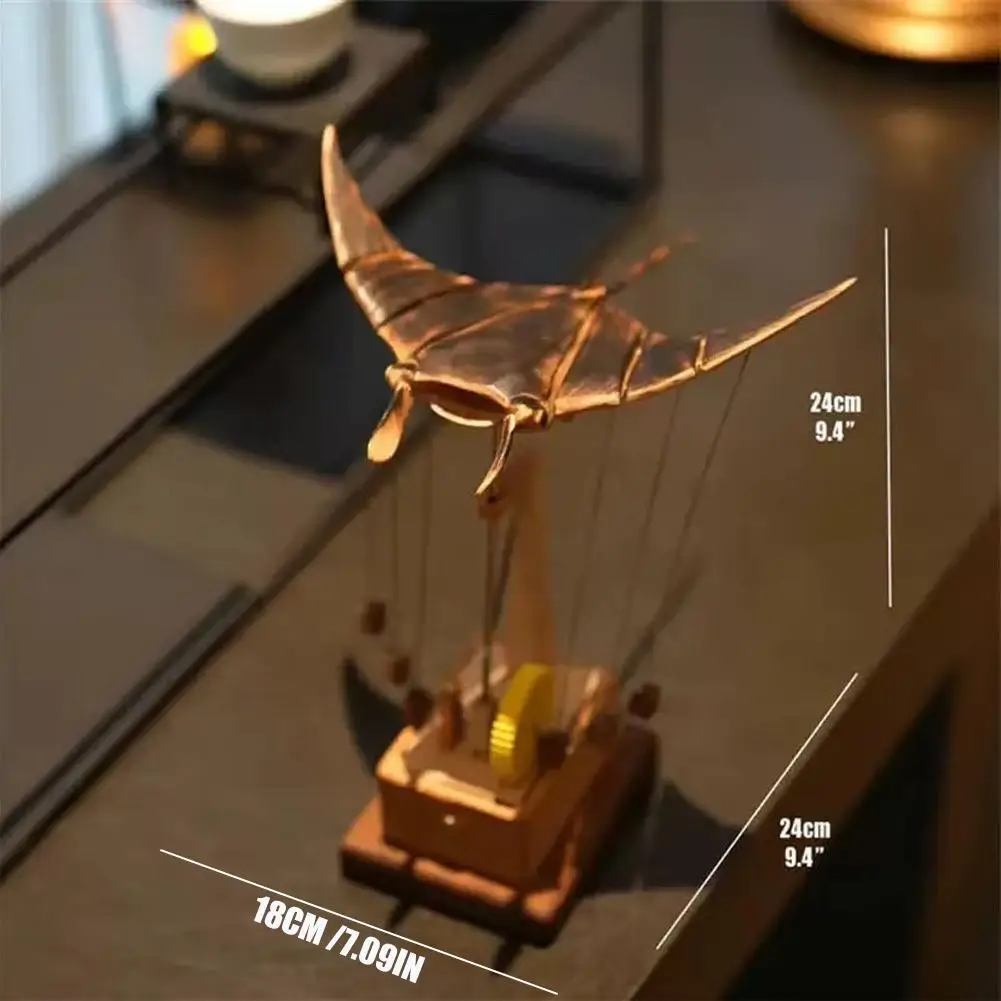 Electric Bionic Manta Ray Ornament Handmade Wooden Figurine Motorized Swimming 3D Motion Retro Home Desktop Decoration