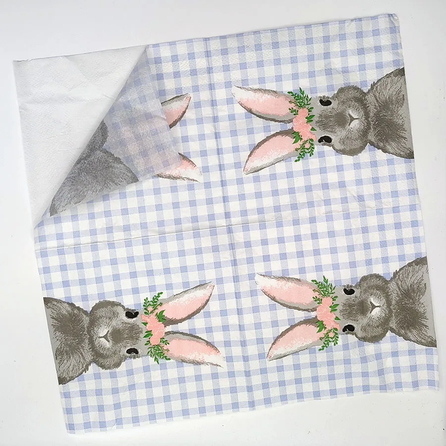 20pcs Pastel Bunny Floral Paper Napkins - 25x25cm 2-Ply Soft, Square Placemats with Grey Rabbit, Pink Flowers