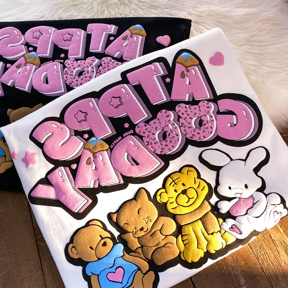 الدب تي شيرت النساء Y2k بلايز قصيرة الأكمام الصيف Kawaii زوجين ارتداء نصف كم لطيف طالب علوي المتضخم تي شيرت للنساء