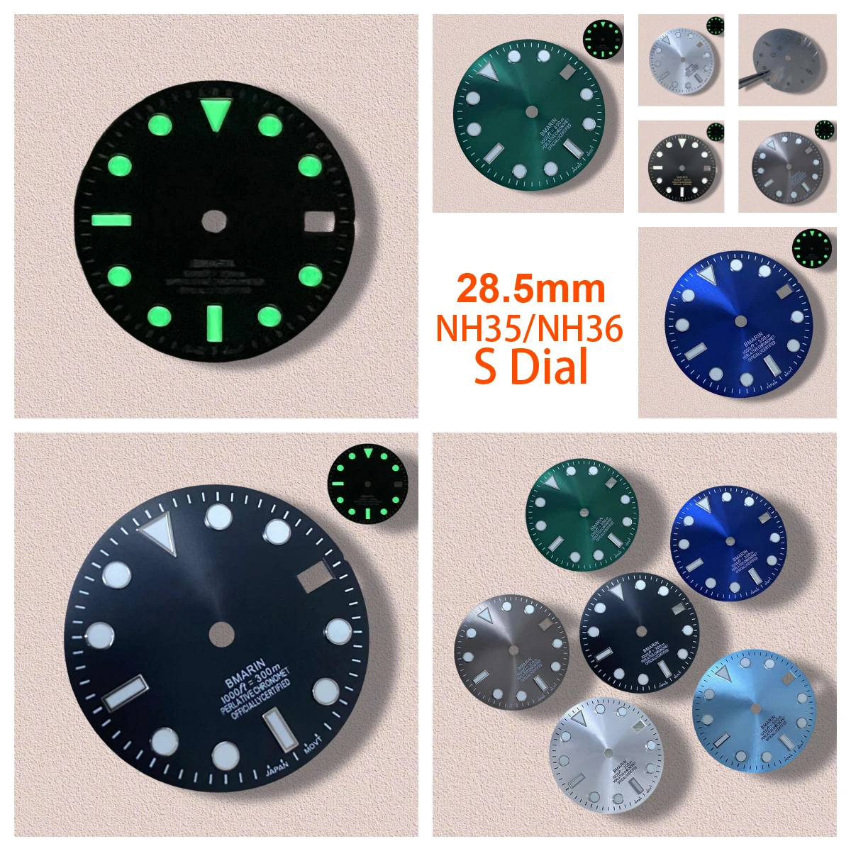 

High Quality 28.5mm S Logo NH35 Dial SUB DIal Suitable For NH35/NH36 Movement Green Luminous NH35 Modification Accessories