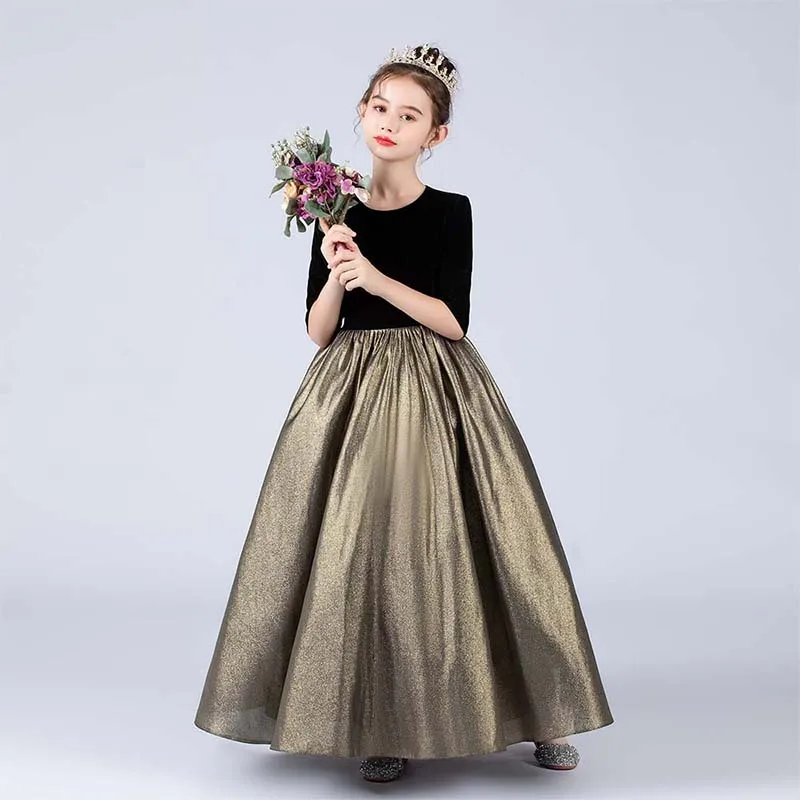 Black and Gold Girl Dresses Wedding Bridesmaid Skirt Girls Pageant Gown Floor Length Prom Dresses  Instrument Performance