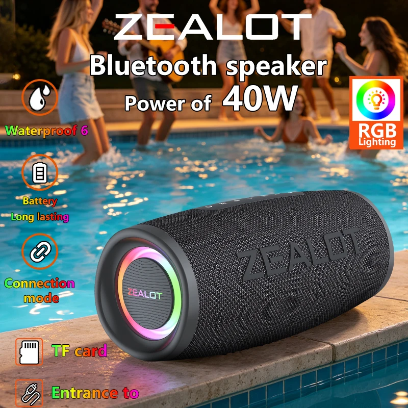 ZEALOT-S56 Portable Bluetooth Speaker 40W Wireless Subwoofer IPX6 Waterproof Speaker TWS 8800mAh Supports USB/TF/AUX