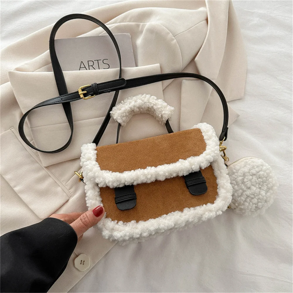 Fashion Shoulder Bags Large Capacity Crossbody Bag For Women Girl Handbag Small Square Bag Sherpa Bag With Round Plush Purse