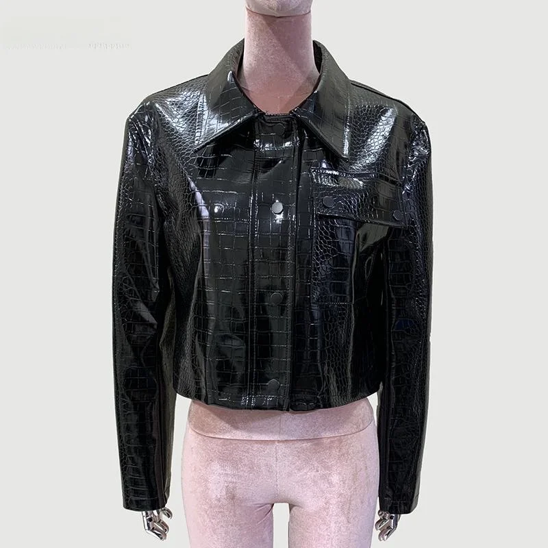 

Nerazzurri Women's ort PU Leather Jaet Bright Surface Alligator Pattern Commute Sle Long Sve Flip Collar Coat