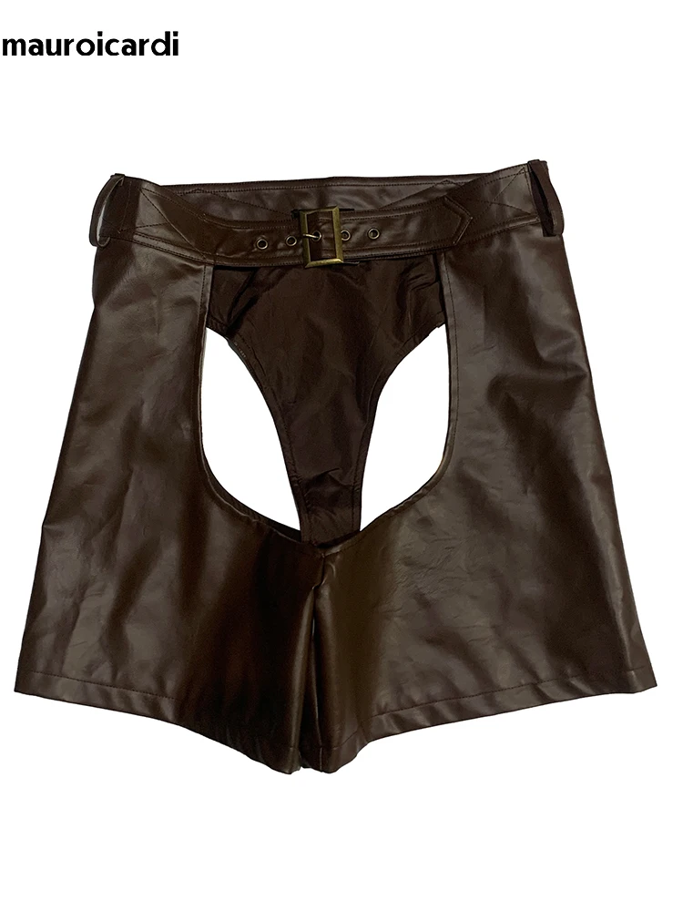 

Spring Summer Sexy Black Pu Leather crotchless Shorts for Men High Waist Sexy Hollow Out Emo European and American Clothing 2025