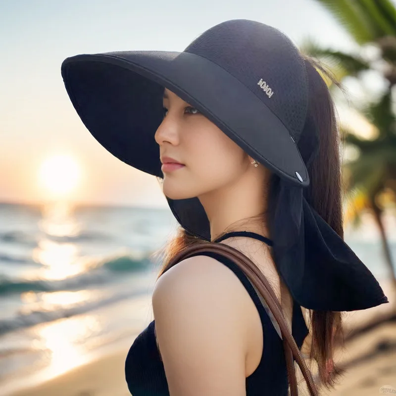 summer sun hat female sunscreen UV face protection neck protection outdoor cycling mountaineering large brim hollow hat