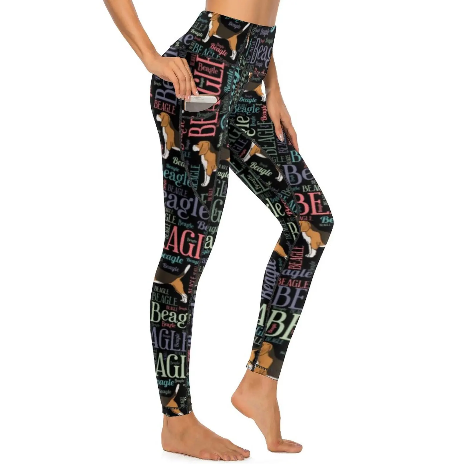 Leggings con estampado de palabras artísticas, pantalones de Yoga sexis con letras Beagle para hacer ejercicio, mallas deportivas elásticas de cintura alta con bolsillos, mallas con gráficos dulces