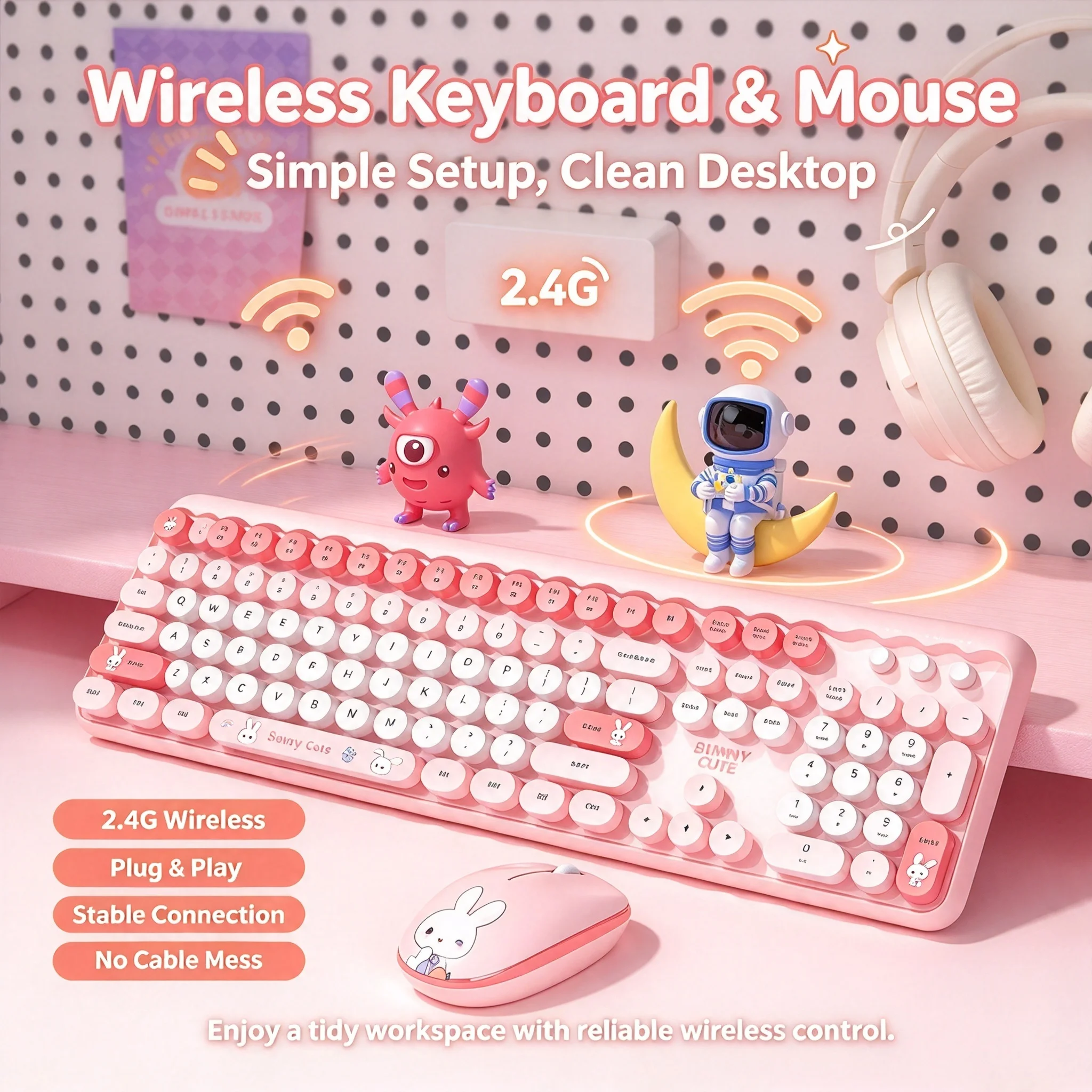 Wireless  2.4G Cute Grils Keyboard And Mouse Combo Ergonomic Design Full-Size Keyboard Mouse Set For PC Computer Laptop Tablet