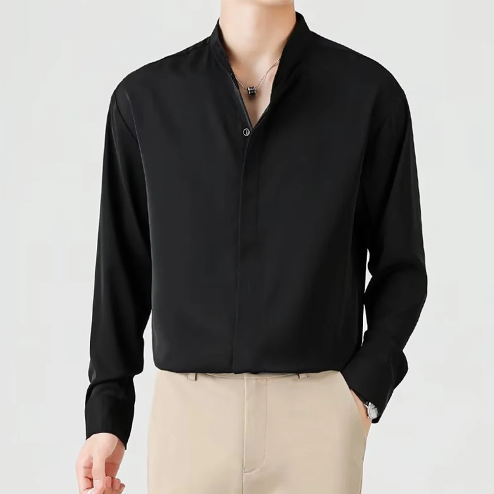 

Perfect For Autumn Deep Blue Concealed Buttons Shirt Autumn Winter Shirt No Elasticity Polyester Fiber Fabric Size Range M-3XL