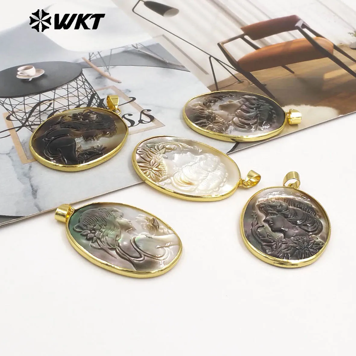

WT-JP426 Новое поступление, натуральный белый и серый корпус с красивой женской резьбой, кулон овальной формы, изысканный аксессуар для рукоделия