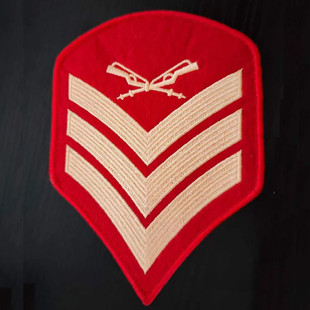 Sewing patch with embroidery fabric patch featuring the rank insignia of a US Marine Corps Sergeant (E-5)