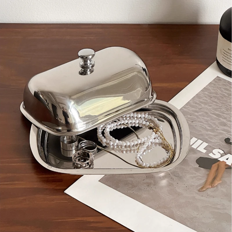 

Luxury Cotton Pad Storage Box Elegant Makeup Organizer with Lid Stainless Steel Cosmetic Case Vanity Countertop Display Holder