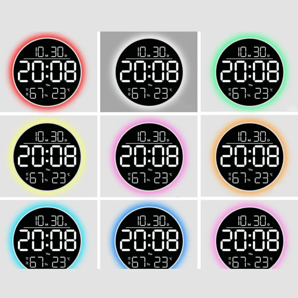 

Colorful RGB Wall Clock With Remote Control Displays Date, Day, Temperature, And Humidity For Home Decor