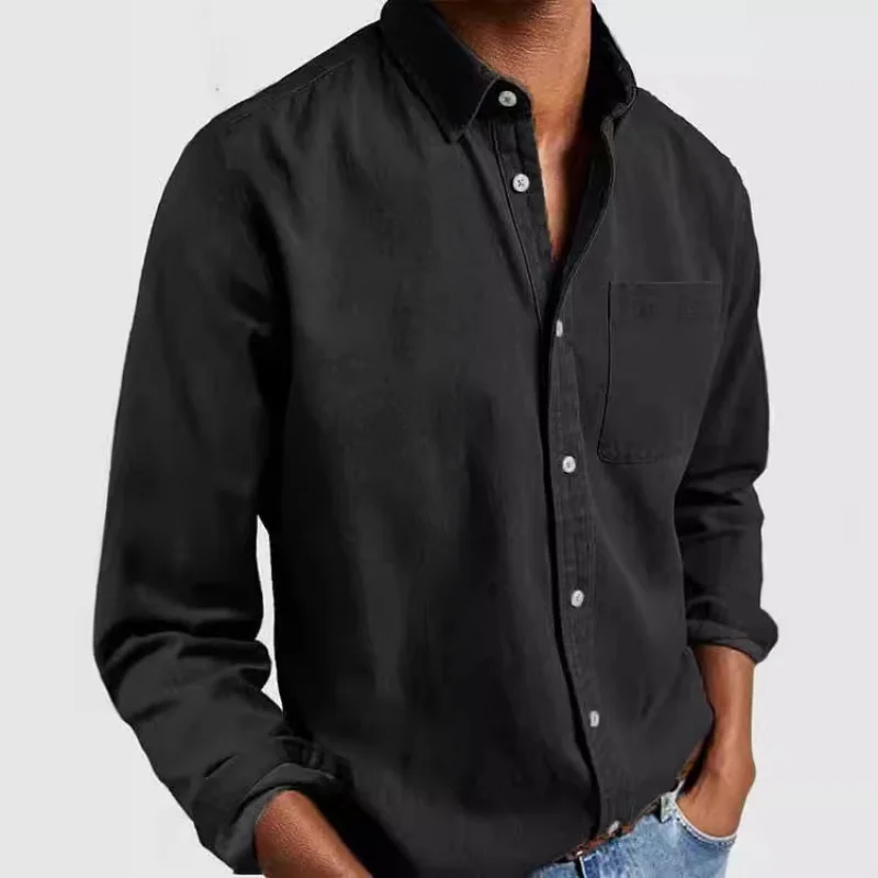 Camicia a maniche lunghe da uomo con bottoni in cotone lavato casual con tasca europea e americana del nuovo