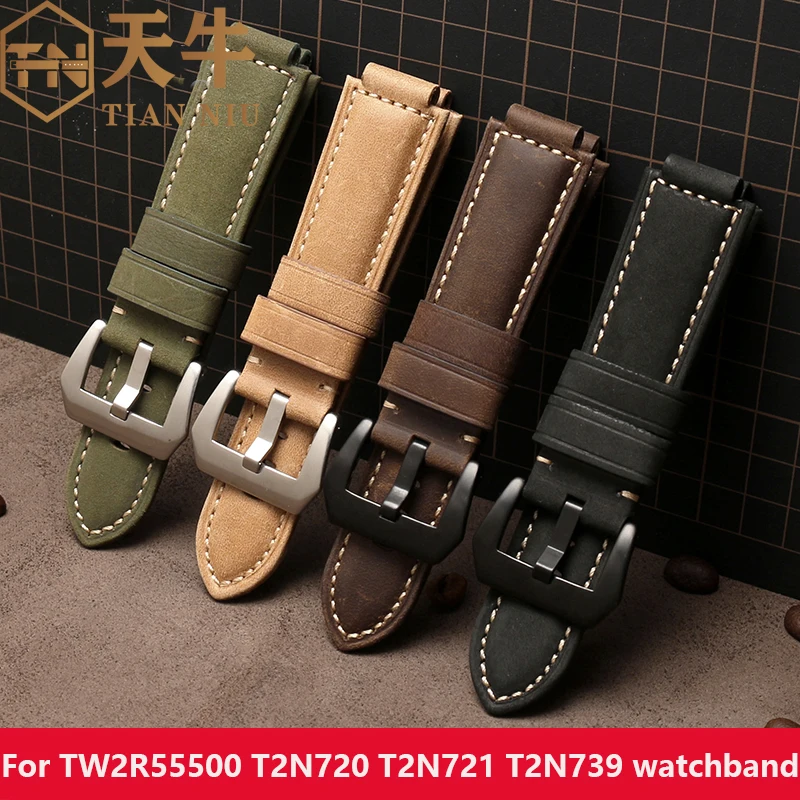 TIMEX 조수 스트랩 TW2R55500 T2N720 T2N721 T2N739 시리즈 24mm 제기 16mm 소 가죽 스트랩 남성용 팔찌 액세서리 선물 도구