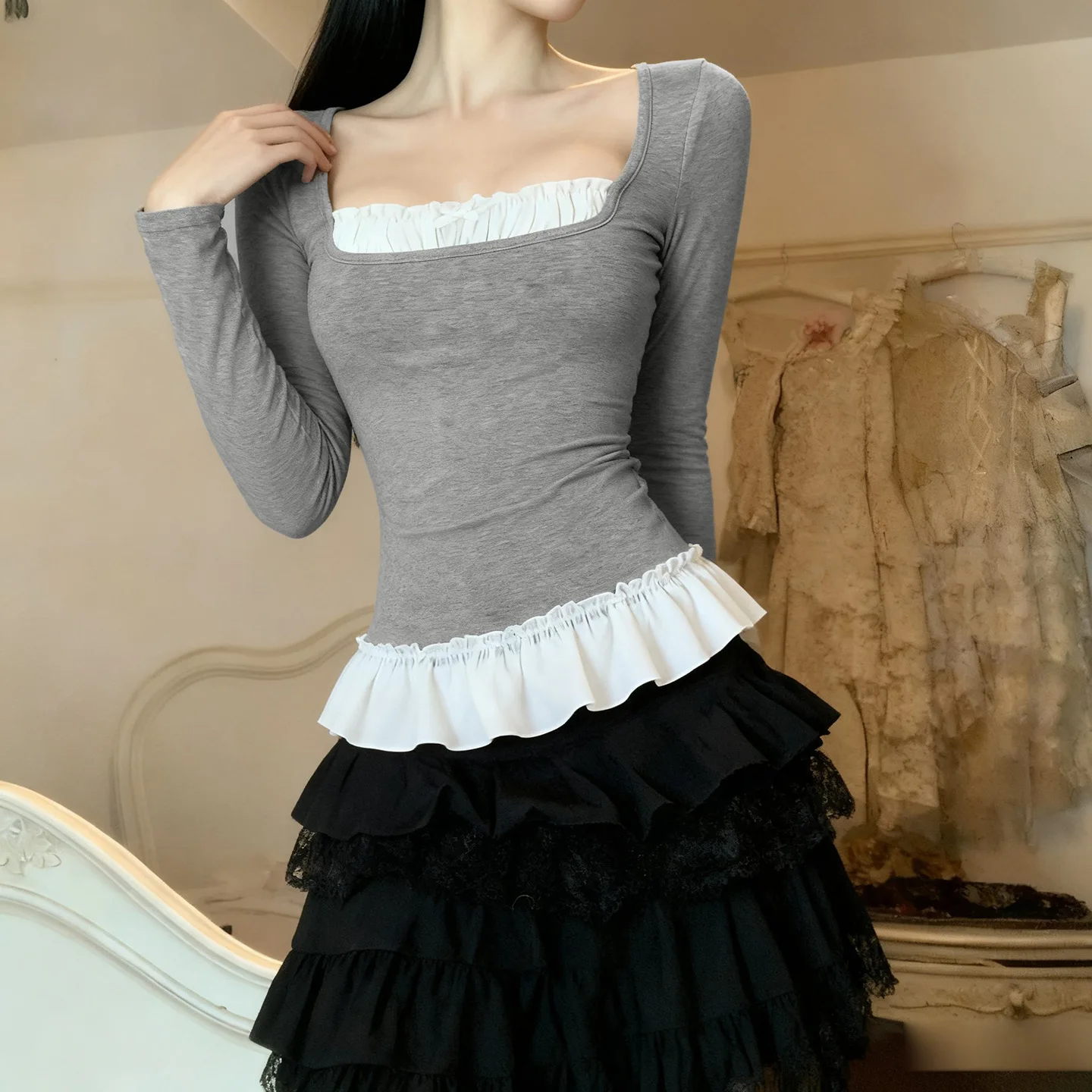 Herfst en winter lotusblad rand zoet slim fit vierkante hals strik patchwork nep tweedelig T-shirt met lange mouwen voor dames