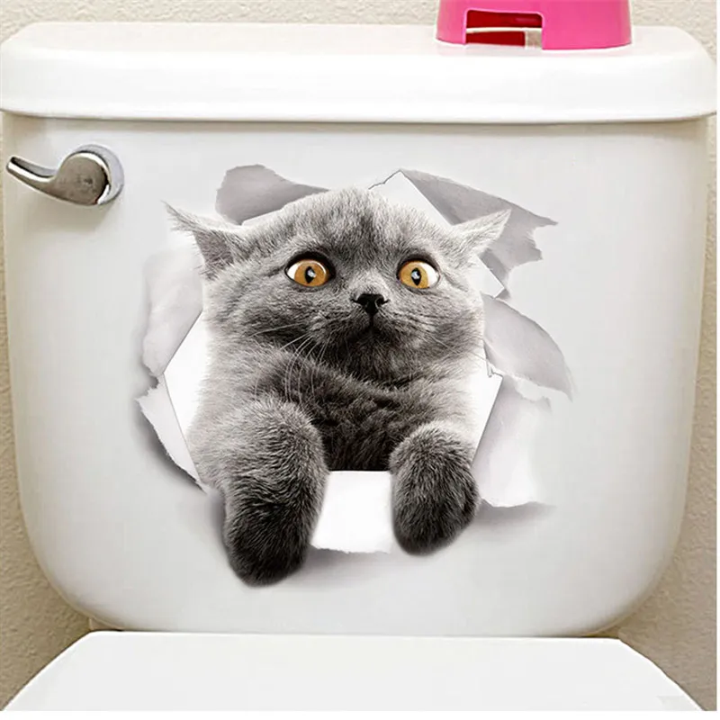 Lovely Cat Toilet Stickers For Wc Washroom Decoration Diy Vivid 3d Look Pet Animal Home Decals Pvc Wall Mural Art Print Posters