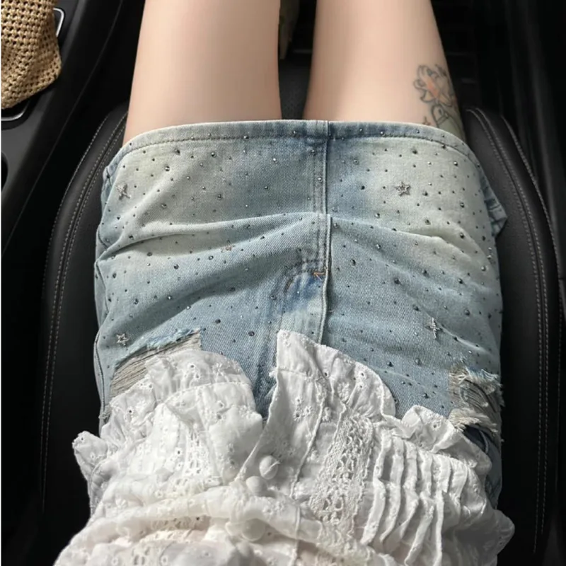 Hot Drilled Pocket Women Mini Skirt New Summer Novelty Denim Short Skirt Cuteore Gyaru Y2k Coquette 2000s Aesthetic Jeans Skirt