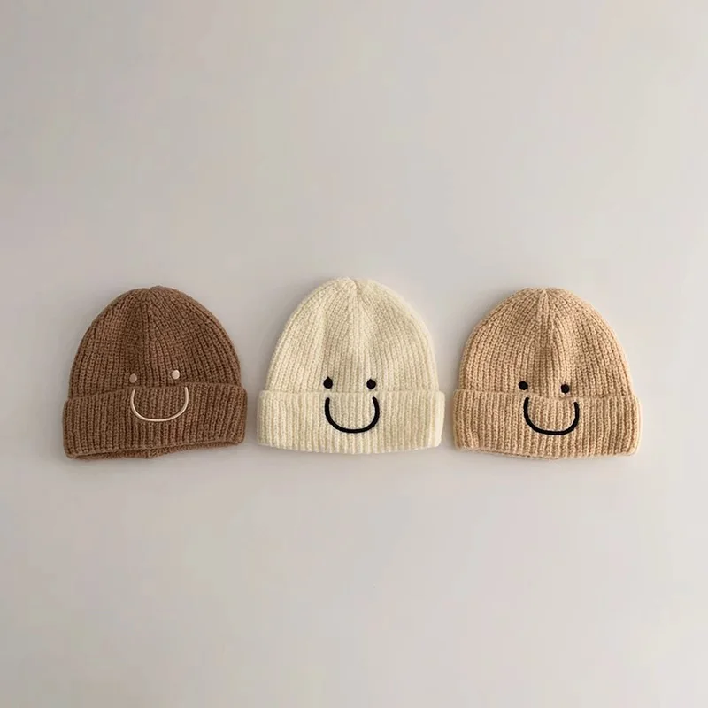 1-4Y Autumn Winter Knitsuit Boy Girl Children Solid Smiling Face Casual Knitted Hat Baby Warm Soft Cotton Cap Kid Kniting Caps