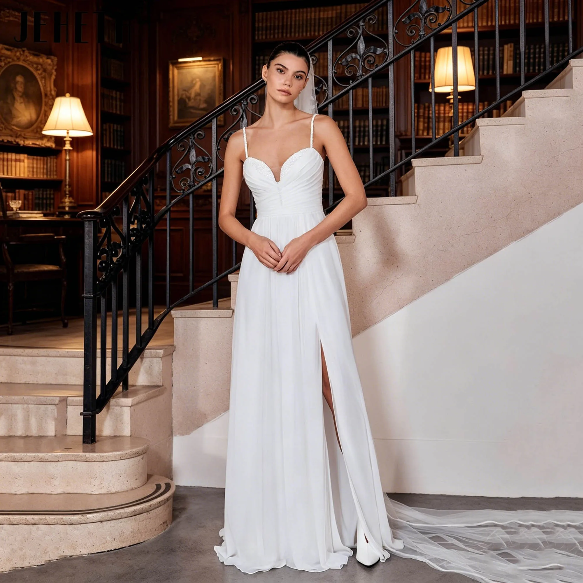 JEHETH Beaded Chiffon Bride Gown Modern Spaghetti Strap Backless Wedding Reception Dress A-line Slit vestido de novia Customized