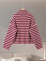 Loose Striped Women's Knit Cardigan Double Zipper Long Sleeve Stand Collar Female Sweater 2025 Autumn Winter Lady Lazy Knitwear - Image 2