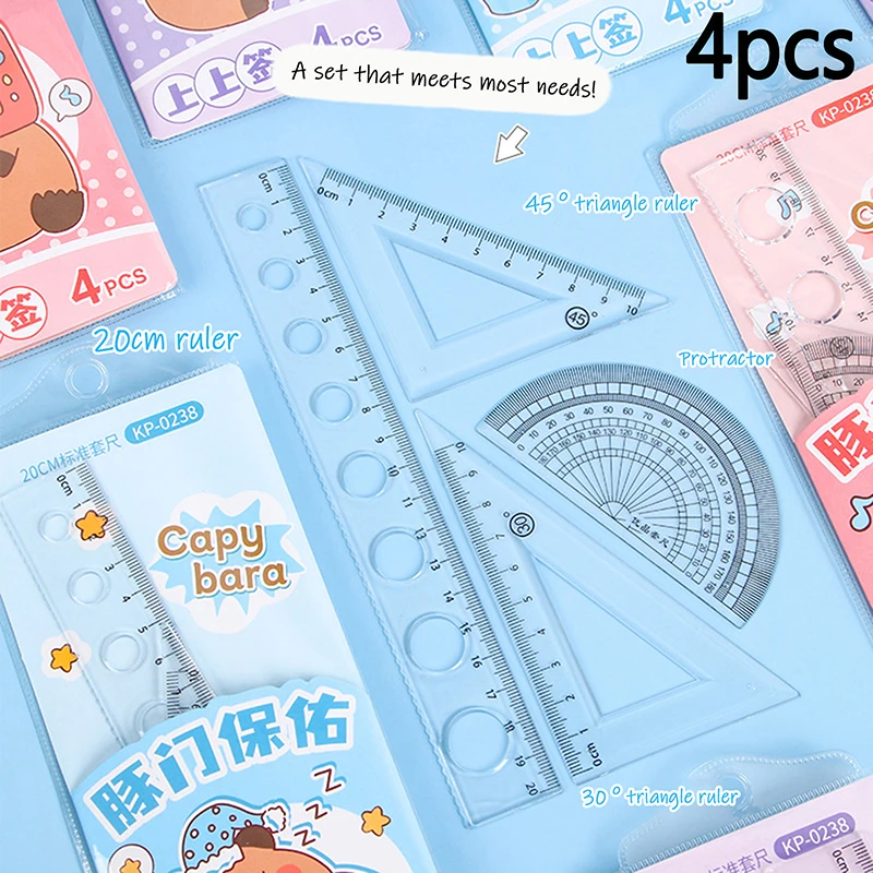 4Pce Cute Cartoon Capybara Ruler Plastic Transparent Stationery Set Stationery Student Triangle Ruler Protractor