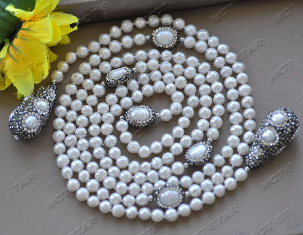 

MCT·STAR Z12056 54" 35mm White Round Pearl Tower RIce CZ Pearl Necklace