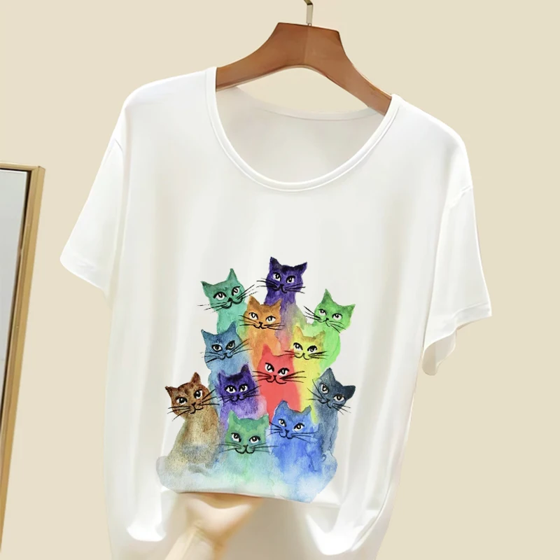 Funny Art Cat Print Women T Shirts for Girls T-shirts Y2K Tops Ropa De Mujer Harajuku Tees Femme A10002-3