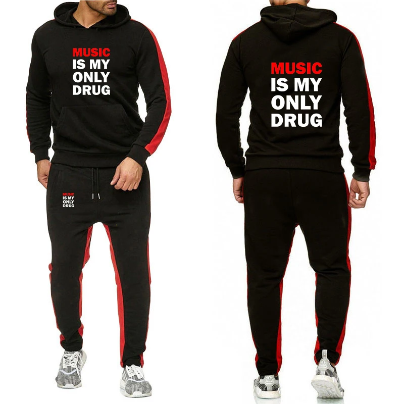 2025 Spring And Autumn Men's New High Quality Music is My Only Drug Hoodies + Casual Sweatpants Solid Color Suit
