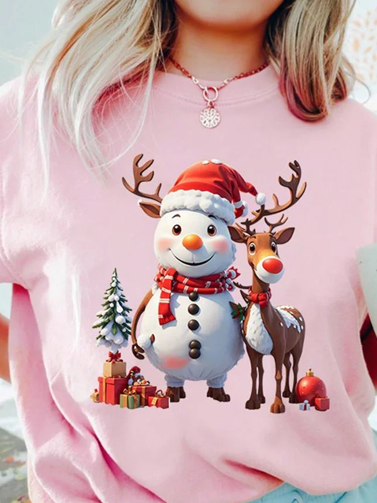 

Christmas Snowman Elk Pattern T-Shirt For Women Loose Casual Festival Carnival Clothes Fashion Round Neck Short Sleeve Pullovers