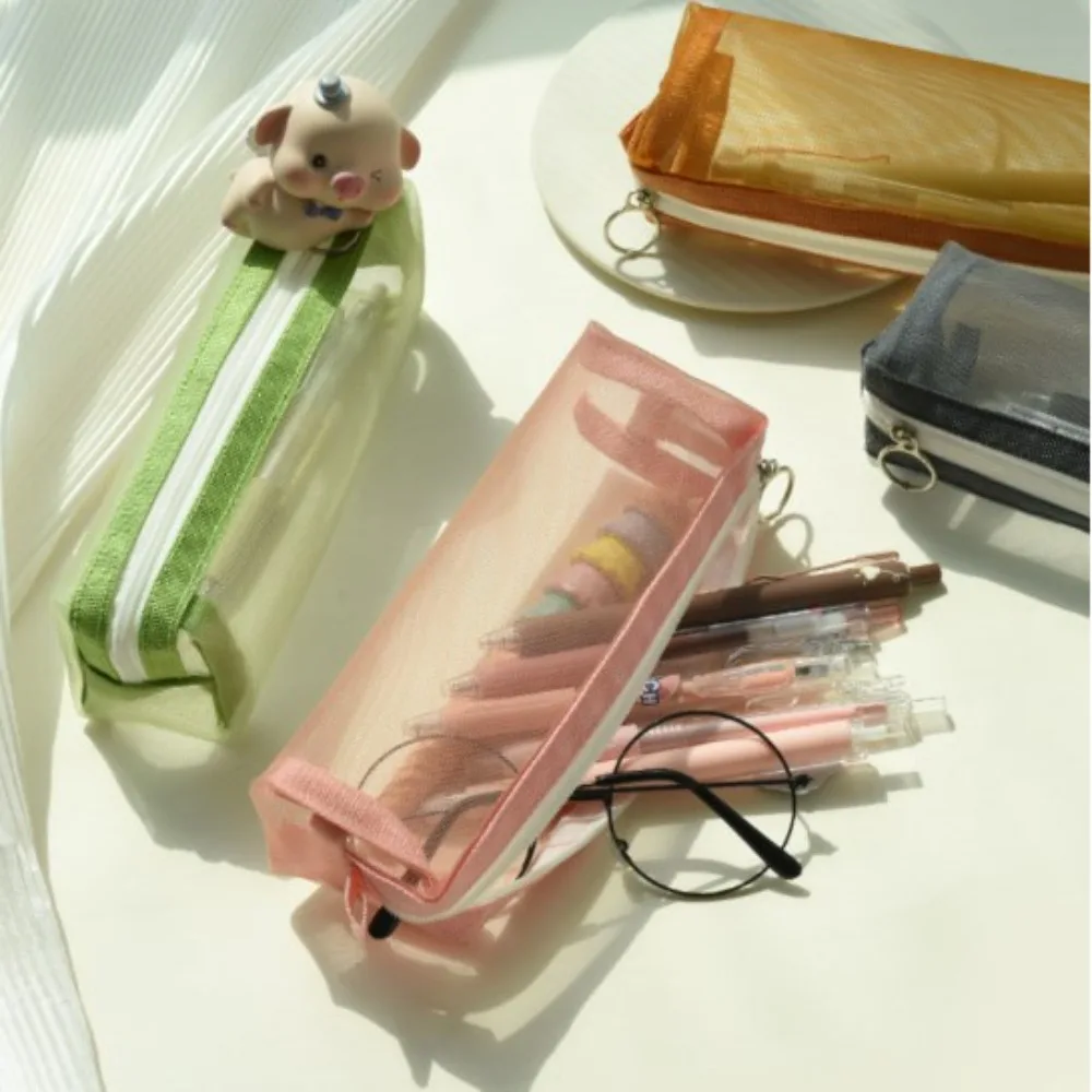 Dacron Transparent Stationery Pencil Bag Korean Version Large Capacity Nylon Mesh Pen Case Transparent Colored Pencil Case