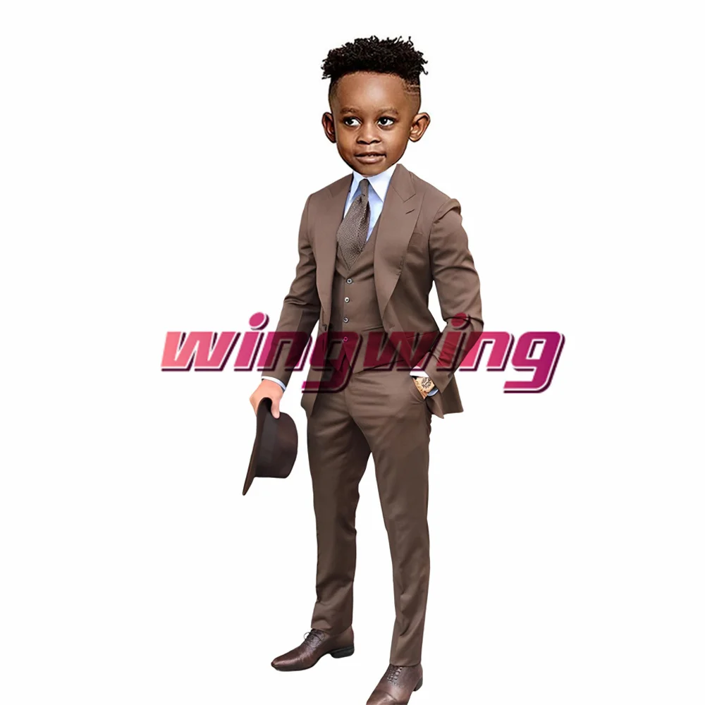 Boys Suit Brown Jacket Vest Pants Three Piece Wedding Tuxedo for Kids Formal Blazer Lapel Collar Dress