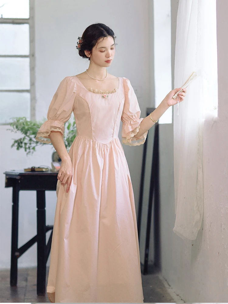 84-96cm Bust  Spring Summer Maxi Dresses For Women Victorian Vintage Elegant Slim Waist Comfortable 100%Cotton Pink Dresses