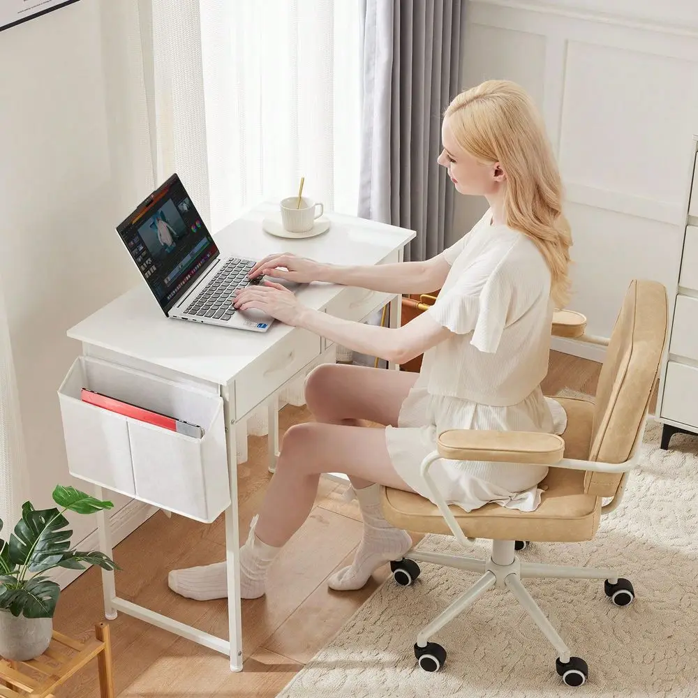 

Desk With Fabric Drawers 32 Inch Vanity Desk With Storage Drawer And Bag For Bedroom, Study Writing Table For Small Spaces, Whi