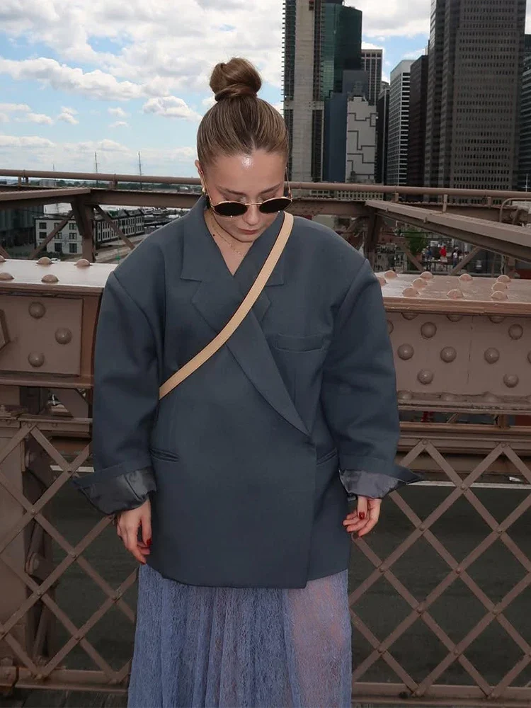 Casual Solid Women Blazer Coat Fashion Lapel Long Sleeve One Button Loose Outerwear Autumn Female Chic High Street Overcoat