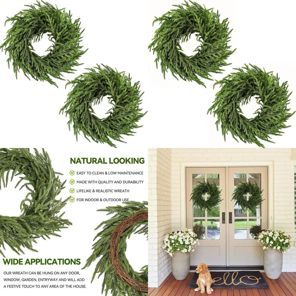 

Artificial Christmas Wreaths Set of 2, Norfolk Pine and Cedar Greenery, Red Velvet Bows, Indoor Outdoor, No Assembly Needed