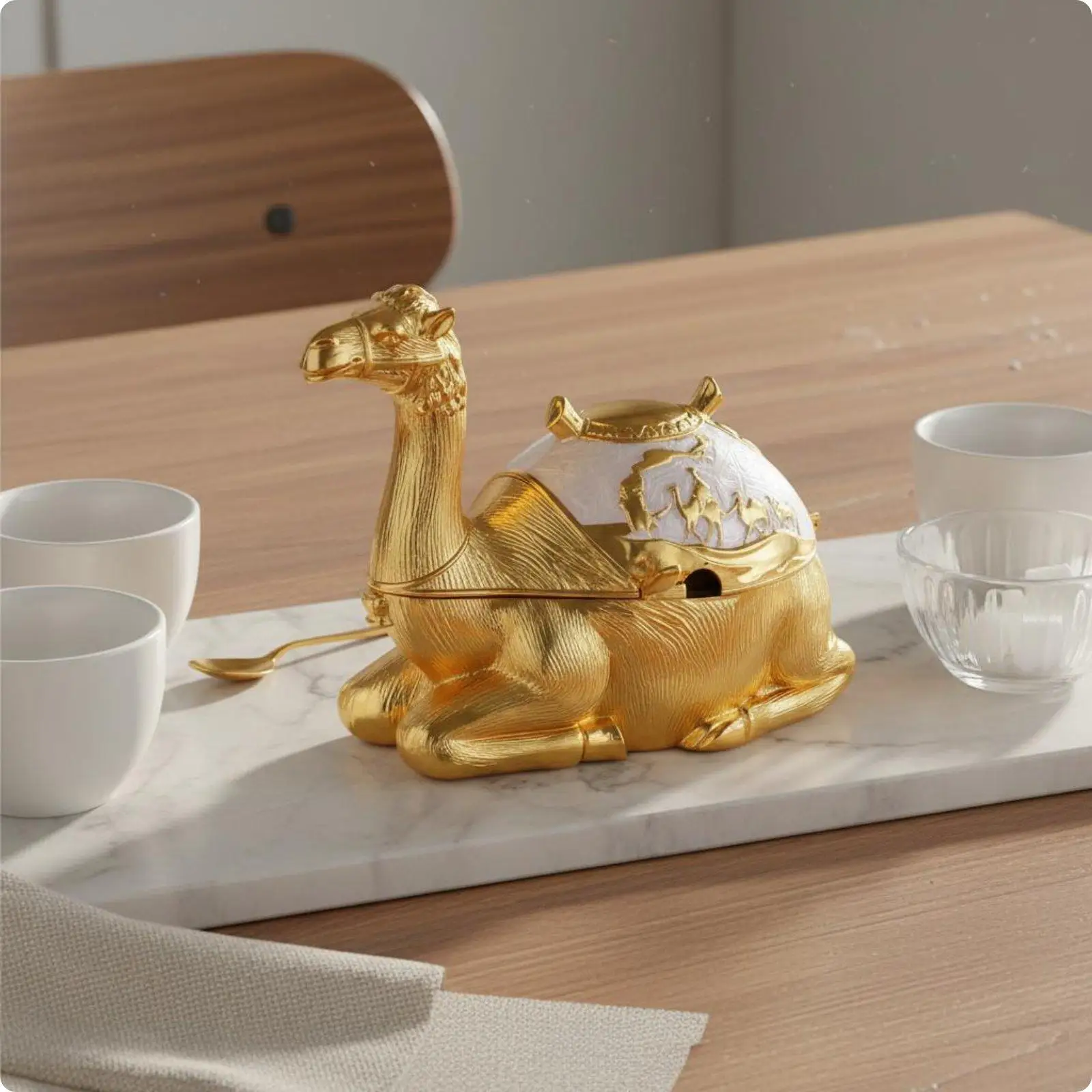 Camel Condiment Jar Gold-Colored Decorative Camel Jar Embossed Lidded Sugar Bowl