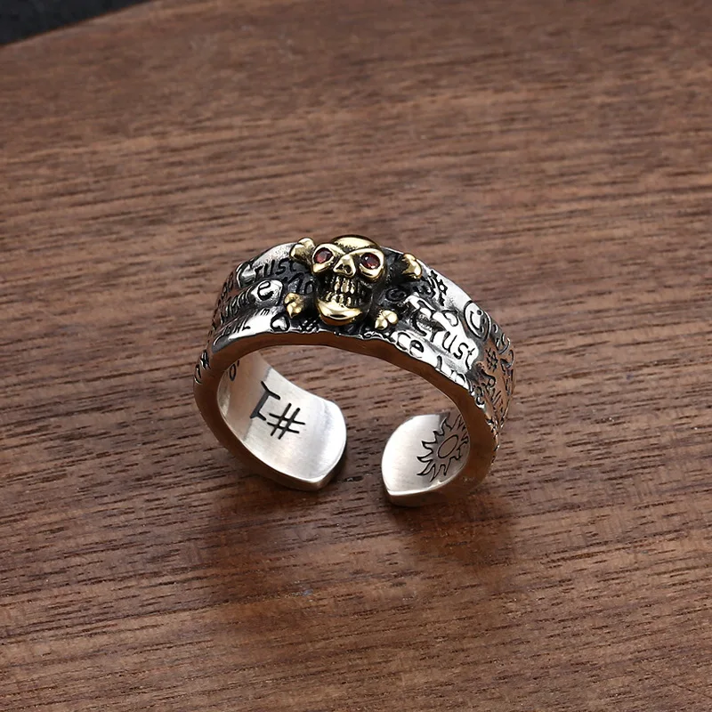 S925 sterling silver ring men's skull graffiti ring opening thai silver retrotrendypersonalized jewelry