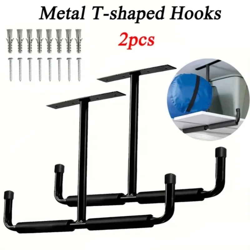 2 Stück Metall-T-förmiger Haken, wandmontiertes Display-Rack, multifunktionaler, robuste, deckenmontierter Garagen-Aufbewahrungshaken, Organizer-Werkzeug