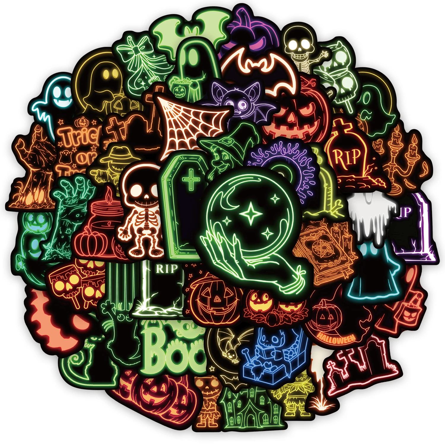 50 قطعة من ملصقات النيون الممتعة للهالوين DIY جراب هاتف للكمبيوتر المحمول وكوب الماء وملصقات ألعاب الكمبيوتر