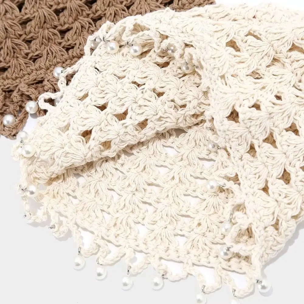 

Fashion Hollowed Out Knitted Hat Round Beads Breathable Beret Cap Pearl Fringed Beanies Cap Daily Use