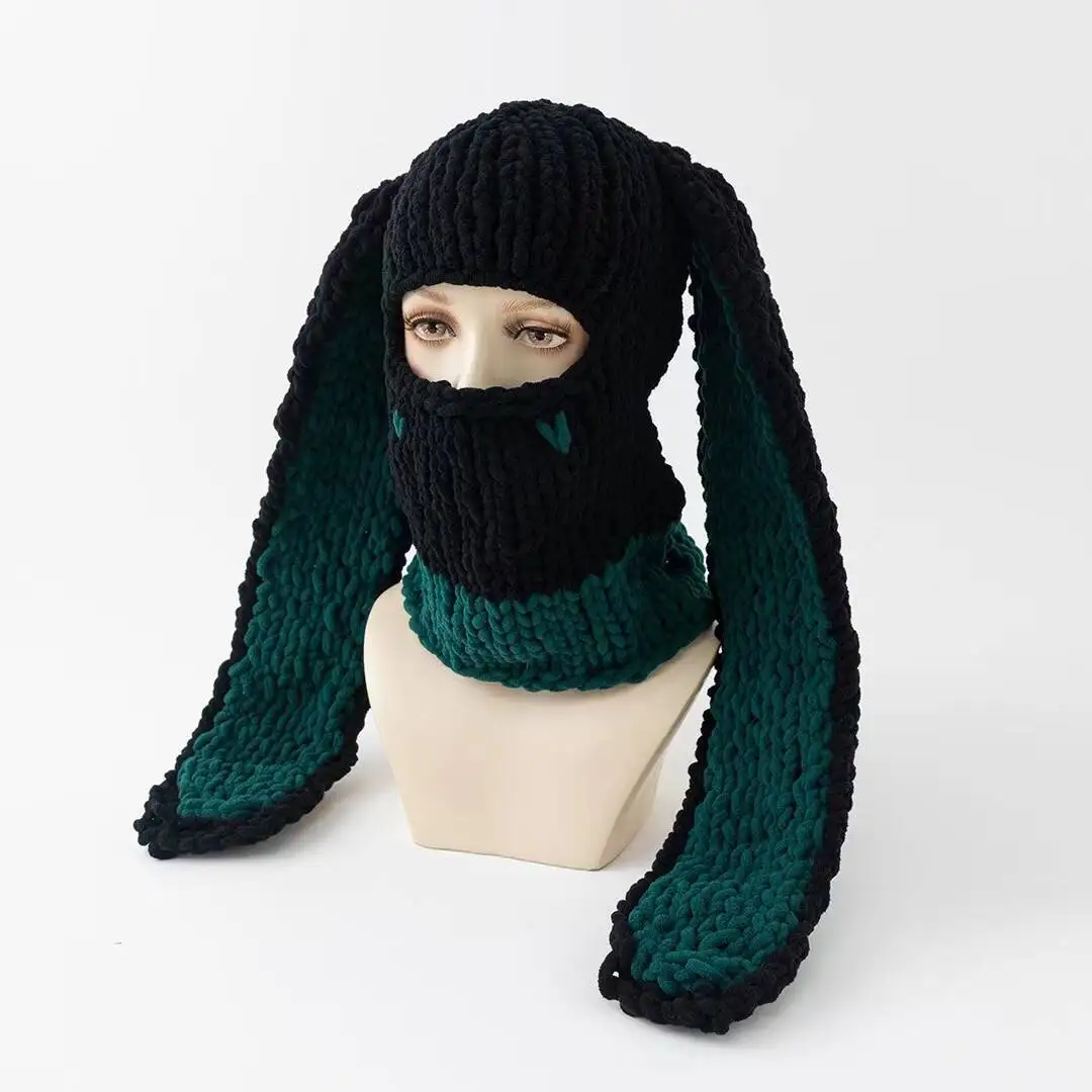Y2k lange Hasen ohren Hut Winter handgemachte gestrickte lustige Mütze Kappe verdicken warme Voll gesicht Ski maske Abdeckung Sturmhaube für Party – Detail 12