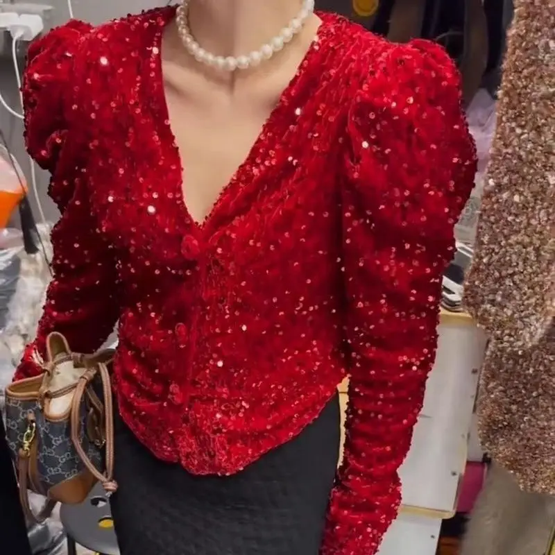 

Сверкающее женское пальто с v-образным вырезом, красное темпераментное пальто с длинными рукавами, сверкающая талия, обтягивающая объемные рукава для женщин, высококачественное