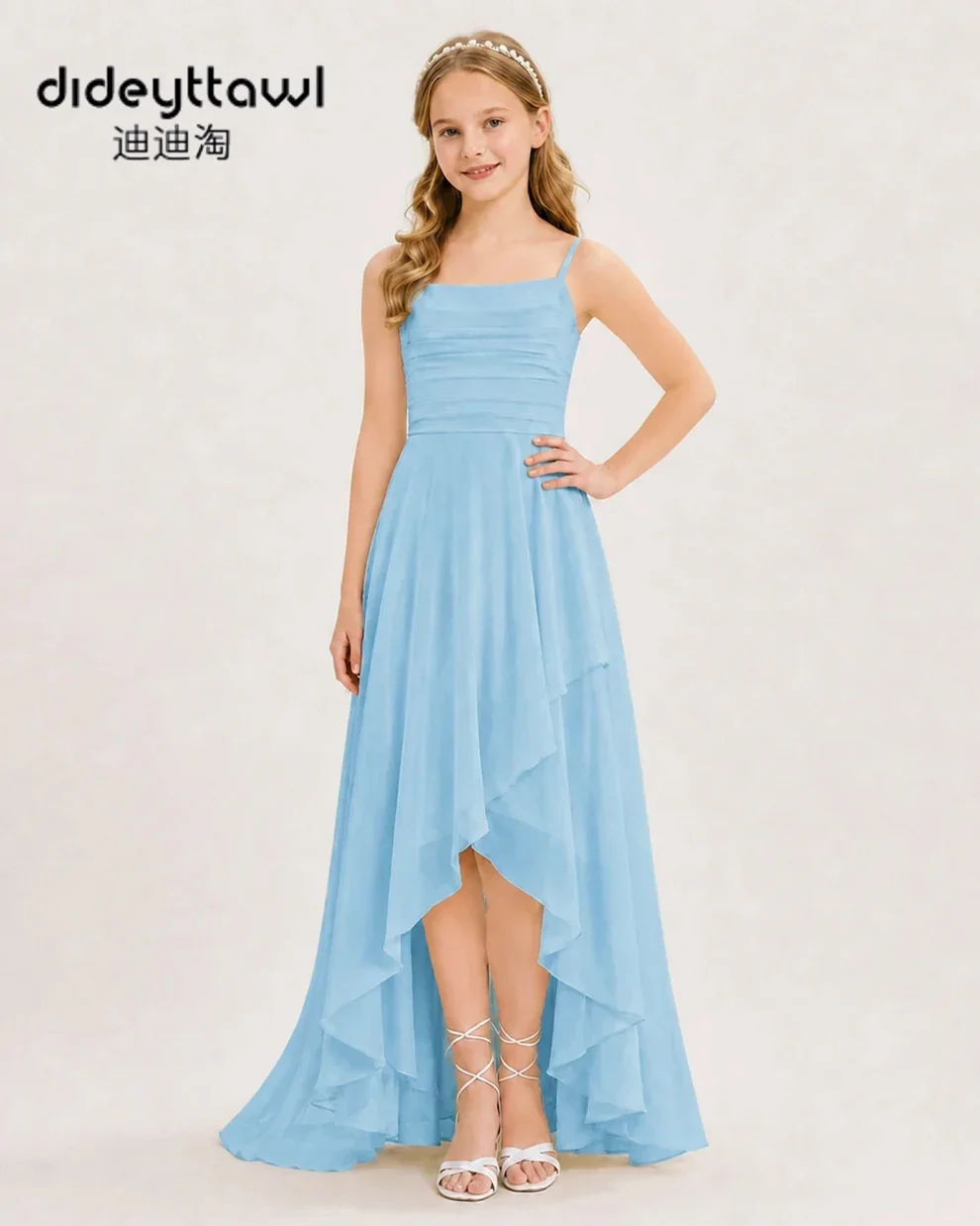 Girls Chiffon Spaghetti Strap Junior Bridesmaid Dress Ruched Bodice High Low Hem Formal Gown With Multiple Colors In Stock
