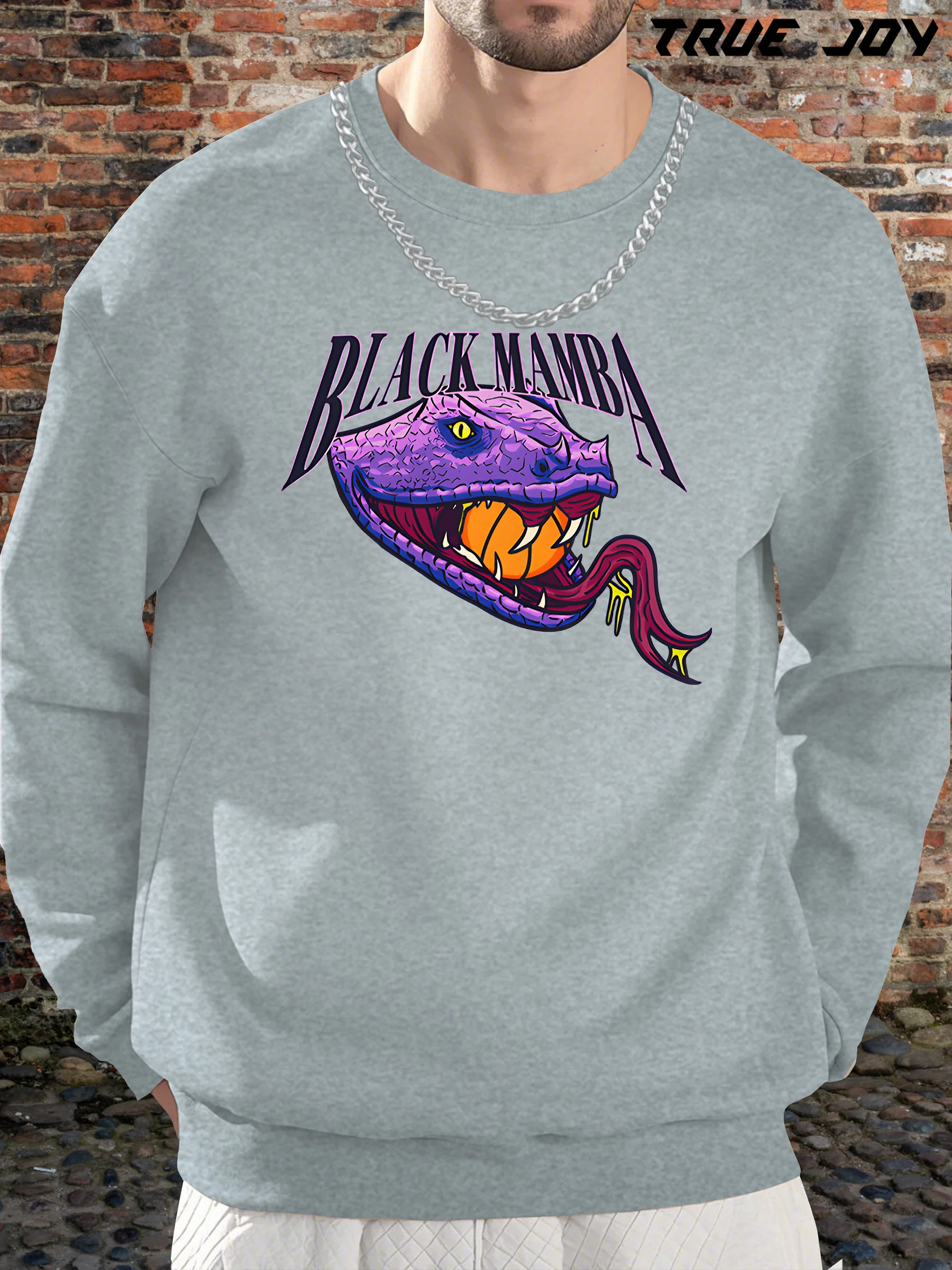 Stylish Sportswear: Black Mamba Snake Print Men's Versatile Long-Sleeve Crewneck Sweatshirt, Perfect for Spring