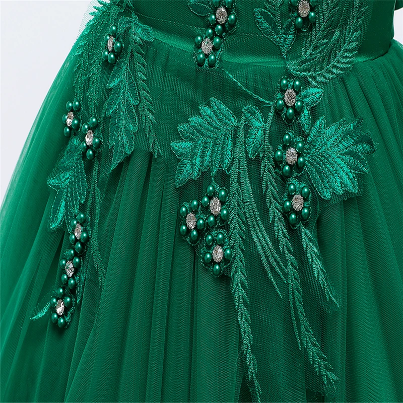 green Girl Embroidered Beaded Princess Dress For 3 to 12 Year Girl Tail Party Dress Kid School performance costumes