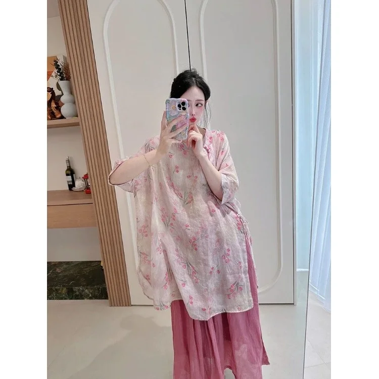 

Loose Cotton Lin Women's Long Shirt Spring Summer New Style Slimming Top Button Design Artistic Commute Style Seven Sleeve