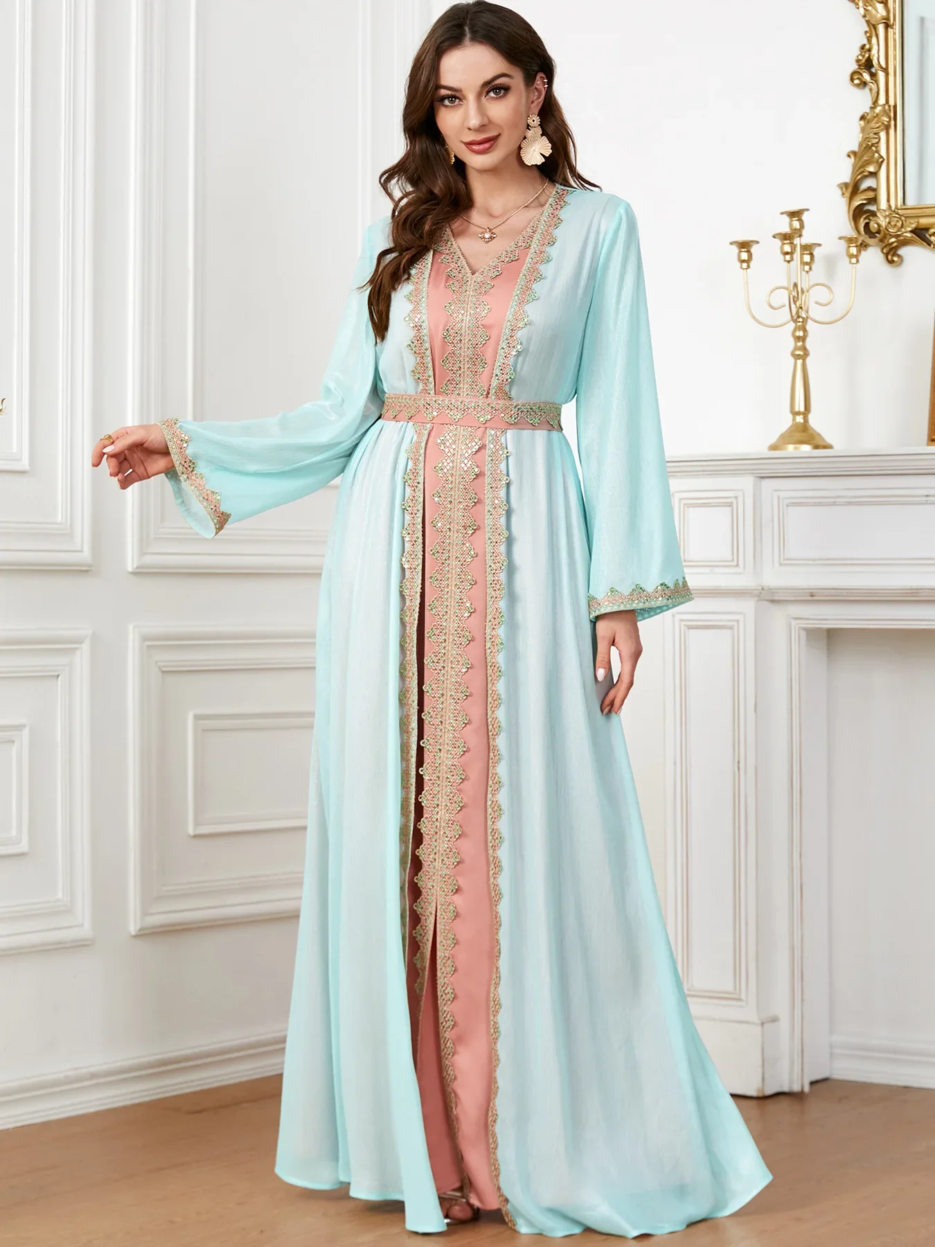 Muslim Two Piece Dress Women Party Abaya Ramadan Moroccan Kaftan Cardigan Robe Suit Jalabiya Eid Vestidos Dubai Abayas Dresses