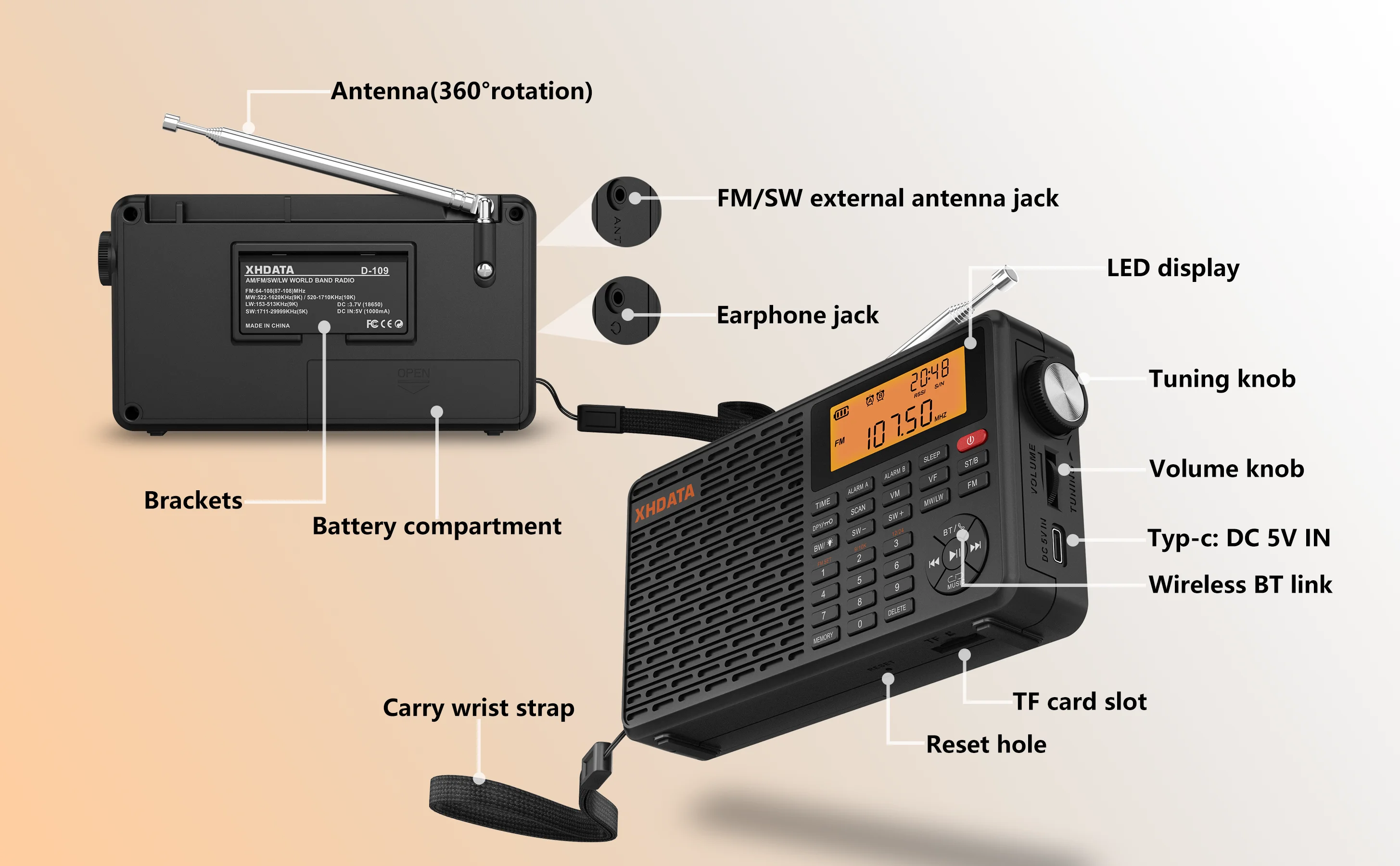 XHDATA D-109 Stereo Digitales Tragbares Radio AM SW MW FM Radio Bluetooth-kompatibles Multifunktionsradio Unterstützung TF-Kartenspieler – Detail 5